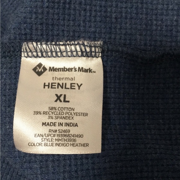 Mens Thermal Henley Shirt Top Long Sleeve Size XL Blue - Picture 3 of 9